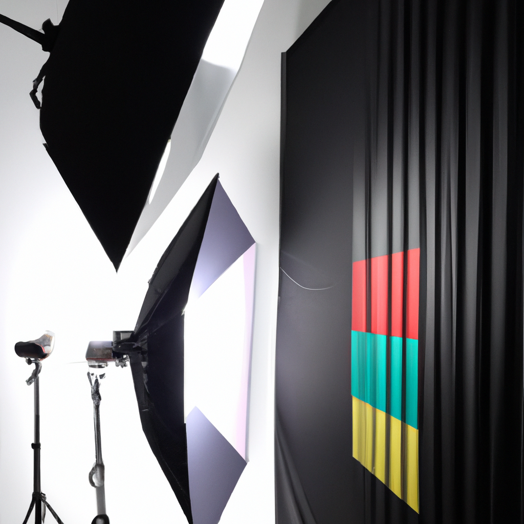 모던 LED 패널과 디퓨전 소프트박스, 컬러체커가 있는 스튜디오 세팅